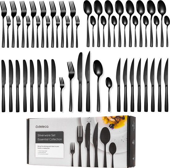 8721139360200 - 8 Personen Besteck-Set Essential (48 Teile) - Löffel Messer Gabeln Steakmesser & Kuchengabeln - Spülmaschinenfestes Besteck - Glänzend Schwarz   Edelstahl