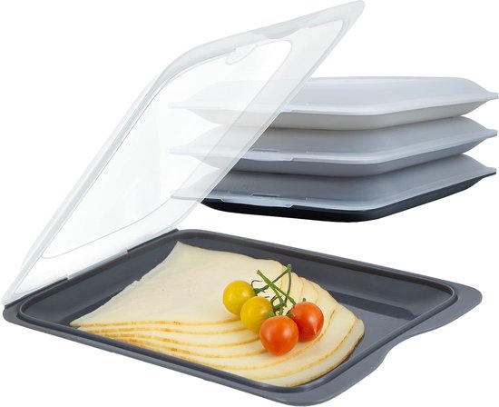 8721139360576 - 4x Fleischboxen-Set für den Kühlschrank - Stapelbar - Fleischboxen   Käsebox Aufbewahrungsbox - Frischhalteboxen   Frischhaltebox mit Deckel - Inkl Kreidetafel-Aufkleber zur Beschriftung