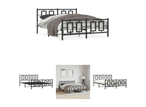 8721194132415 - Bettgestell mit Kopf- und Fußteil Metall Schwarz 150x200 cm - Betten & Bettgestelle - Schwarz - The Living Store