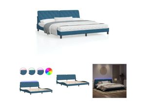 8721194149789 - The Living Store Bettgestell mit LED-Leuchten Blau 200x200 cm Samt - Betten & Bettgestelle