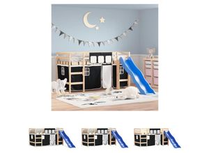 8721194366841 - Kinderhochbett mit Vorhängen Weiß und Schwarz Massivholz Kiefer - Betten & Bettgestelle - Schwarz - The Living Store