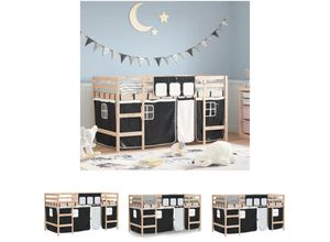 8721194521509 - Kinderhochbett mit Vorhängen Weiß Schwarz 90x200cm Kiefernholz - Betten & Bettgestelle - Schwarz - The Living Store