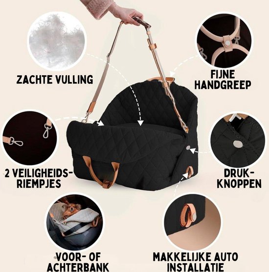 8721202780416 - Carry Bag Dog - Luxus Reisetasche Autositz Hund und Hundekorb in 1 - Schwarz mit Cognac - Hundetasche geeignet für kleine Hunde
