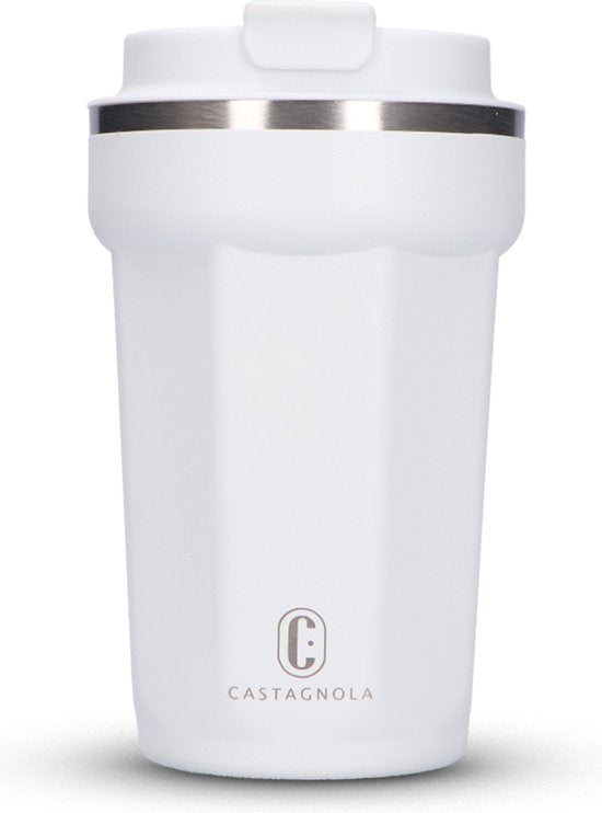 8721249222009 - Thermos Cup - Kaffeebecher To Go - Reisebecher für Kaffee und Tee - Teebecher - 380 ML - Edelstahl - Weiß - Octagon