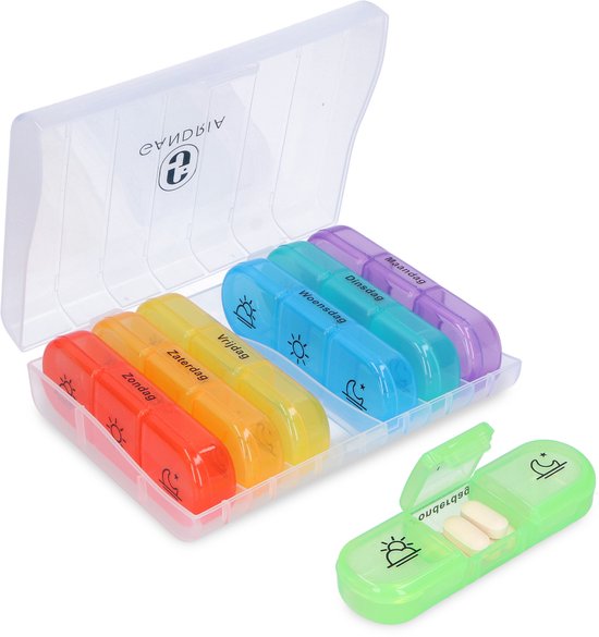8721249222863 - Pillenbox 7 Tage - Herausnehmbare Pillenbox - Medizinbox mit 21 Fächern - Medizinbox mit stabilem Verschluss - 3 Fächer pro Tag - 7 Farben