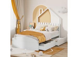 8731280143522 - Okwish - Holzbett 90200 cm Kopfteil in Form eines Hauses mit eigenem Stauraum Kinderbett schlicht weiß