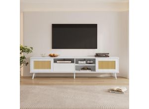 8731280148497 - Weißer Rattan-TV-Schrank Maße 200x40x49 cm geeignet für 90-Zoll-Fernseher mit 2 Rattantüren 1 Schublade und 3 offenen Fächern – robuste