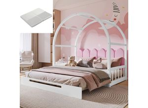 8751277631672 - (Mit Matratze) Ausziehbares Bogendachbett Schiebebett Babybett Tagesbett Doppelbett Samtkissen Gestell aus Kiefernholz weiß + rosa (140 x 100