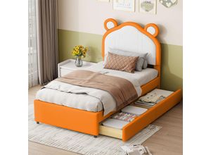 8771277632134 - Gepolstertes Kinderbett 90200 cm zweifarbiges Patchwork am Kopfteil mit hübschen Ohrenformen mit Stauraum Einzelbett für Jungen und Mädchen