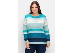 8859737506819 - Große Größen Pullover im Colorblocking und Ajourstrickmuster mint gestreift Gr40