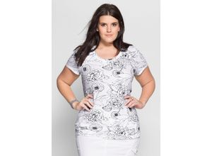 8901594260684 - Große Größen T-Shirt mit Blütendruck und Ärmelaufschlag weiß-marine Gr52 54