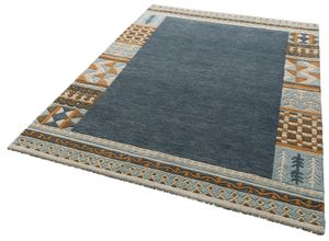 8906077466027 - Wollteppich THEKO Nuno reine Wolle handgearbeitet mit Bordüre Teppiche Gr B L 70 cm x 140 cm 14 mm 1 St blau (dunkelblau) Schurwollteppiche handgetuftet Wohnzimmer Schlafzimmer Esszimmer auch als Läufer