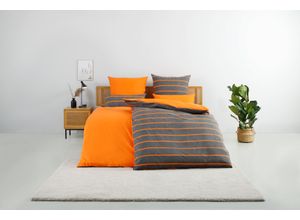 8941102378937 - Wendebettwäsche MY HOME Katja Bettwäsche Gr B L 135 cm x 200 cm 1 St 1 St Linon B L 80 cm x 80 cm orange (orange grau) Bettwäsche aus Baumwolle mit Streifen-Design Wendeoptik