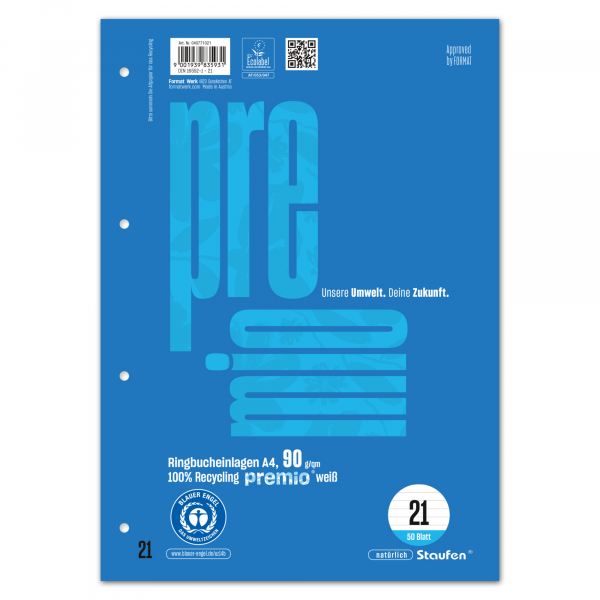 9001939835931 -  Ringbucheinlagen 040771021 Premio liniert A4 90g 4-fach-Lochung 9001939835931 Formatwerk 50 Blatt