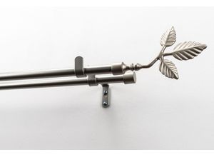 9002777215213 - Gardinenstange GARESA SHEET mit offenem Träger Gardinenstangen Gr L 210 cm Ø 16 mm 2 läufig silberfarben (mattchromfarben) Kinder Gardinenstangen für Vorhanggarnitur verlängerbar Knopf mit Blätter ohne Ringe