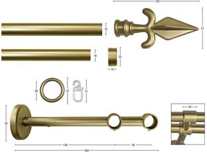 9002777283113 - Gardinenstange GARESA RUSTIKA Gardinenstangen Gr L 130 cm Ø 16 mm 2 läufig goldfarben (mattgoldfarben) Kinder Gardinenstangen für rustikale Vorhanggarnitur verlängerbar m Ringe Endknopf Pfeil