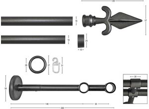 9002777284295 - Gardinenstange GARESA RUSTIKA Gardinenstangen Gr L 140 cm Ø 16 mm 2 läufig grau (graphit) Kinder Gardinenstangen für rustikale Vorhanggarnitur verlängerbar m Ringe Endknopf Pfeil