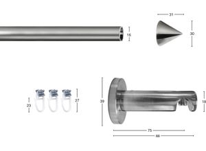 9002777382458 - Gardinenstange GARESA DIAMANT Gardinenstangen Gr L 240 cm Ø 16 mm 1 läufig silberfarben (edelstahlfarben) Gardinenstangen nach Maß VorhanggarniturInnenlaufgarnitur verlängerbar Spitze edelstahl