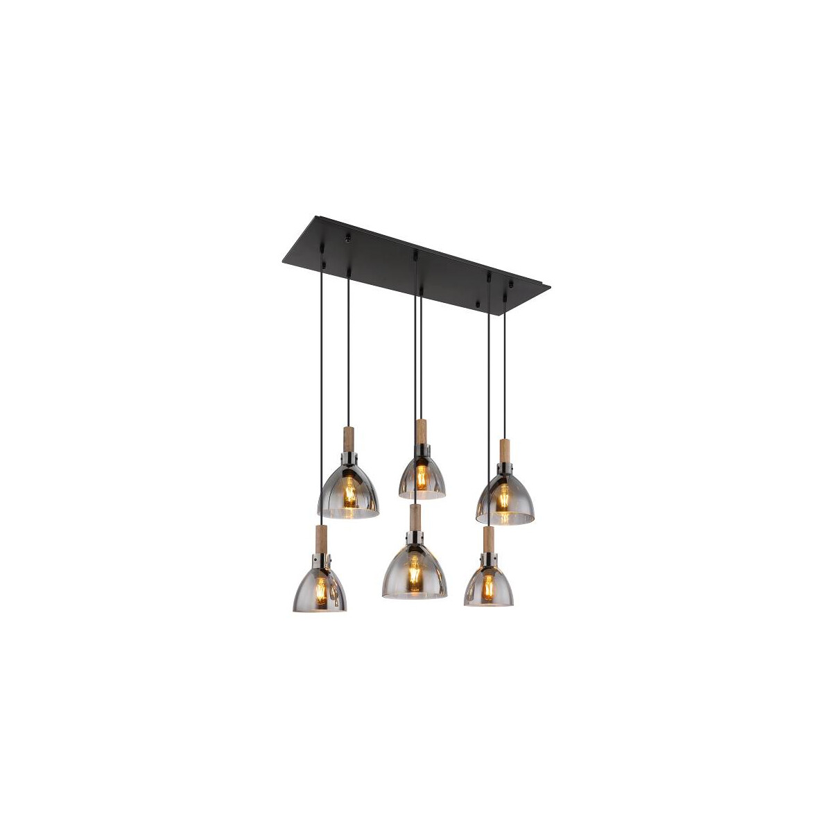 9007371438662 - - Hängeleuchte Holz Rauchglas Esszimmerlampe hängend 6-Flammig Hängelampe schwarz Metall Glas 6x E27 Fassungen LxBxH 80x30x120 cm