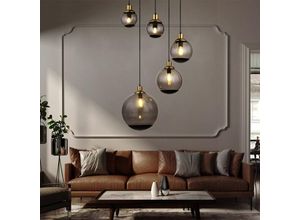 9007371463336 - - Pendelleuchte Wohnzimmer 5 Flammig Esszimmerleuchte Hängeleuchte Industrial schwarz Glaskugeln rauch Messing 5x E27 Fassungen DxH 65x150 cm