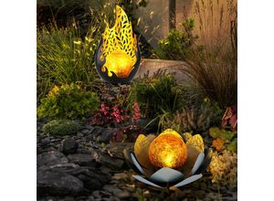 9007371469222 - Solarleuchte Flammen Design Außen Solarblume Aussen Lotusblume Solar Crackle Glas grau led Leuchtmittel 1x Lotusblume 1x Flammen Design 2er Set