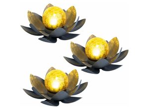 9007371472116 - - Asia Garten Lotusblüte Deko Solar Lotusblüte für Außen Gartenleuchte Deko Leuchten Crackle Glas Metallblätter grau 1x led d 25 cm 3er Set