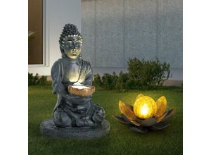 9007371473571 - - Aussen Solarleuchte Buddha Feng Shui Außen Solarblume Lotusblume Solar Crackle Glas grau led Leuchtmittel 1x Lotus 1x Buddha 2er Set