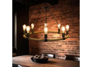 9007371480265 - - Kronleuchter Pendelleuchte 8 Flammig Rustikal Hanfseil Hängeleuchte Esszimmer Landhausstil braun schwarz Metall 8x E27 DxH 80 x 130 cm