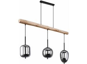 9007371483075 - - Pendellampe Holzlampe Hängeleuchte Wohnzimmerlampe rauchfarben Metall Schwarz Glas 3x E14 Fassung h 130 cm