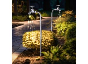 9007371492145 - - Solar Wasserhahn Deko Garten Wasserhahn mit Licht Außen Solar Gartenstecker für Außen Metall silber 60x led warmweiß LxBxH 13x45x53 cm