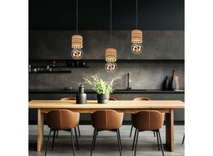 9007371502776 - - Hängelampe Hängeleuchte Pendelleuchte Esszimmerlampe 3 Flammig Holzoptik mdf Metall schwarz Retro E27 Fassungen DxH 355x120cm