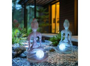 9007371543281 - Solarleuchte Gartendeko Außenleuchte Gartenfigur Buddha Deko wetterfest Kunststoff Glas grau bronze 1x LED 6000K kaltweiß H 30 cm 2er Set