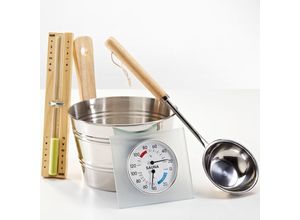 9008504000039 - Infraworld - Saunaset Edelstahl 4 teilig Kübel Kelle Sanduhr Thermometer Saunazubehör-Set