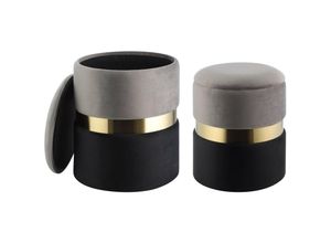 9008606247226 - Eglo - living 2er Set Hocker mit Stauraum Mashike elegante Sitzhocker runde Couch Beistellhocker Pouf aus Samt in Grau-Schwarz und Metall in Gold