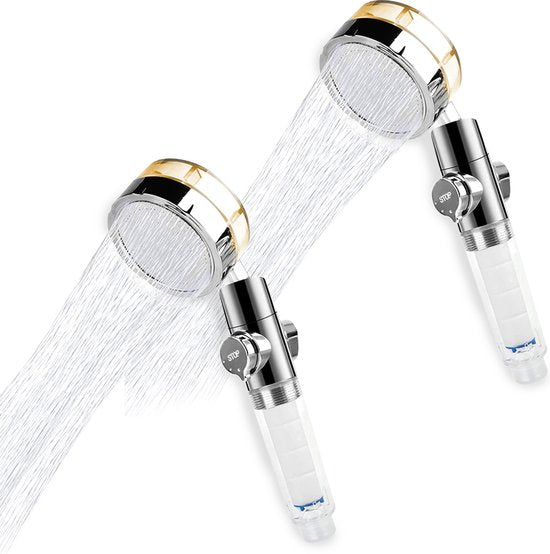 9010041052686 - Aquadon EcoTornado - wassersparender Duschkopf 2 Stuck Gold - Wassersparender & druckverstärkender Duschkopf - 360° drehbare Handbrause - Duschkopf mit Anti-Kalk-Funktion - schützt Haut & Haare