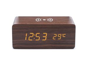 9010050205578 - Cyslmuk - 1 x brauner Wecker aus Holz mit kabellosem Qi-Ladegerät kompatibel mit iPhone Samsung Holz-LED-Digitaluhr Klangsteuerungsfunktion