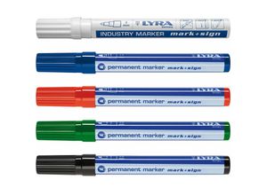 9010582005622 - Lyra Permanent Marker wasserfest blau und rot schräg + schwarz und grün rund + Lackstift weiß - Vasalat