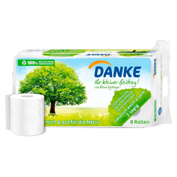 9011111035264 - Danke Toilettenpapier aus 100 % Recyclingpapier 3-lagig naturweiß 1 Packung = 8 Rollen à 150 Blatt