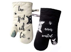 9017175228512 - Memkey - grevy Küchenhandschuhe hitzebeständige Ofenhandschuhe Topflappen und Handschuh zum Kochen Grillen Backen Elfenbein und Schwarz Katze