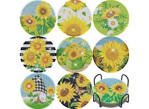 9024309003808 - 8 Stück 5D Diamond Painting Untersetzer Sonnenblume Diamant Malerei Rund Tassenuntersetzer Untersetzer mit Metallhalter Tisches für Tische Decor