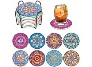 9024309003976 - 8er Set Untersetzer Gläser Boho Deko Runden Getränk Untersetzer Kork Untersetzer Basis Mit Halter ​Mandala Ceramic Coaster für Küche Dekoration