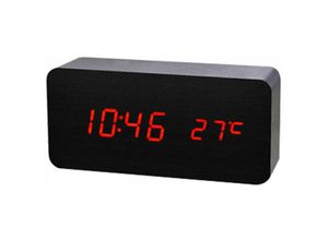 9052281903991 - Lycxames - LED-Holzuhr elektronische Uhr Thermometer LED-Uhr ohne Batterie schwarzes Holz roter Buchstabe – schwarzes Holz roter Buchstabe