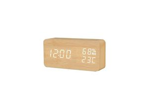 9078382107250 - Minkurow - Digitalanzeige Led Uhr Holz Schreibtisch Humidometer Sprachsteuerung Leuchtende Digitale Tischuhr Timer Bambus Weiße Lampe