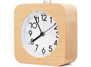 9078382108042 - Minkurow - Analoger Wecker aus Holz nicht tickend batteriebetrieben mit Snooze Soft Wake Up-Taste (Gelb)