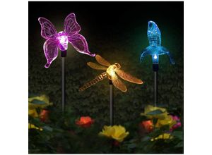 9088340727956 - 3er-Pack Solar-Gartenleuchten LED-Mehrfarben-Wechsel-Schmetterlings- Kolibri- und Libellenformen für Partydekoration Rasen Hof Wegebeleuchtung