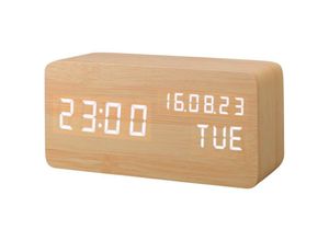 9088340740542 - Künstlicher LED-Wecker aus Holz klangaktivierte Digitaluhr mit Temperatur- Luftfeuchtigkeits- Helligkeitskalender Batterie USB-Stecker