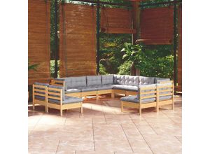 9091424936786 - Maisonchic - 11-tlg Paletten-Lounge-Set Garten-Lounge-Set Sitzgruppe Gartenset Gartenmöbel mit Grauen Kissen Massivholz Kiefer LLOAQ562252