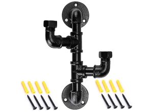 9098922952232 - CCYKXA Robuste Metallrohr-Garderobe mit 2 Haken Wandmontage im Vintage-Industriestil schwarze verzinkte Oberfläche