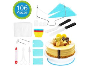 9114680821198 - 106x Backzubehör Torten Kuchen Spritzbeutel Spritztüllen Set Tortenplatte Deko - Blau - Vingo