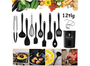 9114680990542 - TolleTour Küchenhelfer Set 12 tlg hitzebeständiges Silikon+10 S-Haken schwarz Kochutensilien Tools mit BehälterGrillzange Zuhause - Schwarz